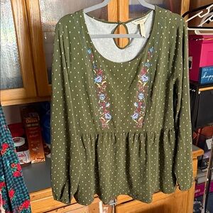 Matilda Jane Olive Green Embroidered Peplum Tunic size xxl